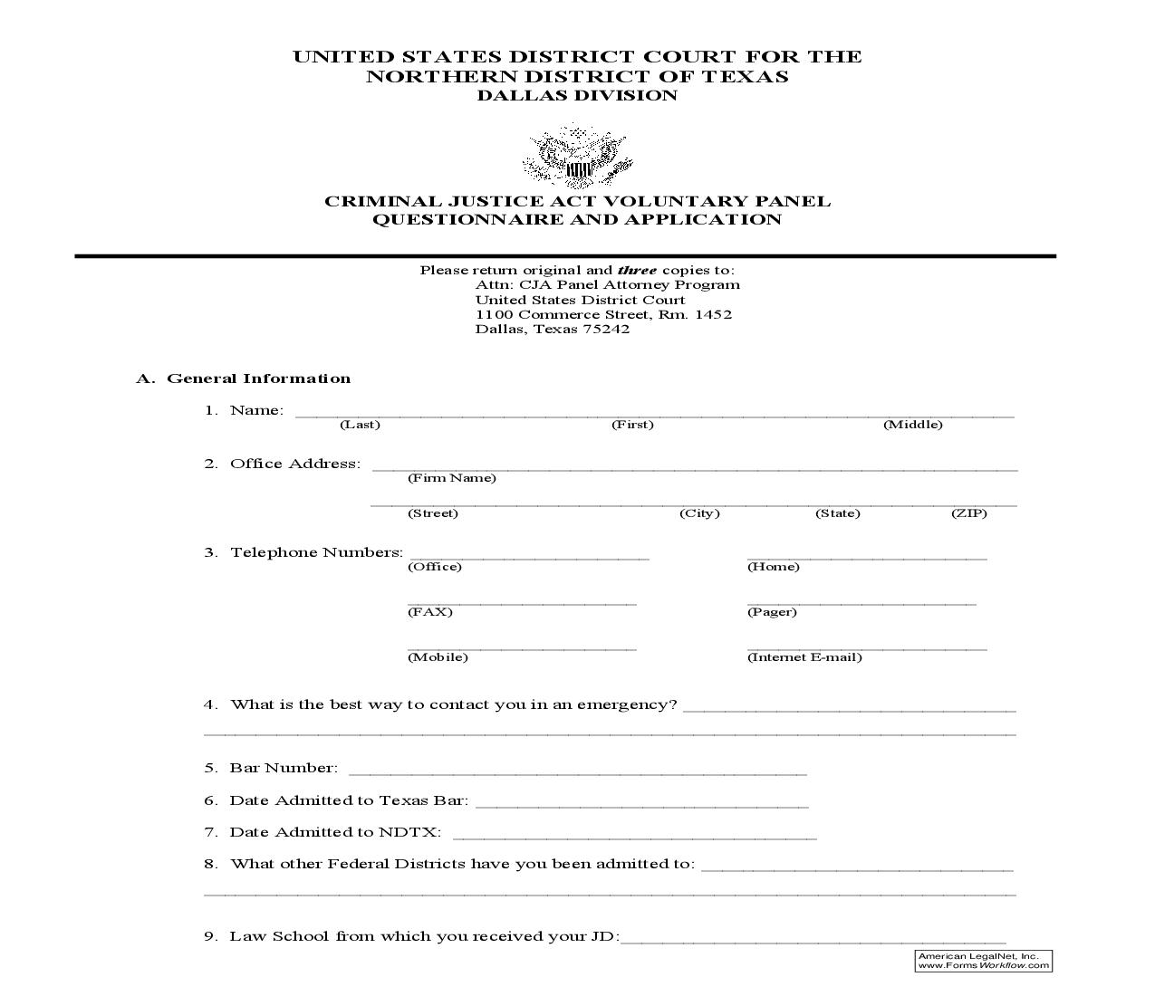 Criminal Justice Act Voluntary Panel Questionnaire And Application | Pdf Fpdf Doc Docx | Texas
