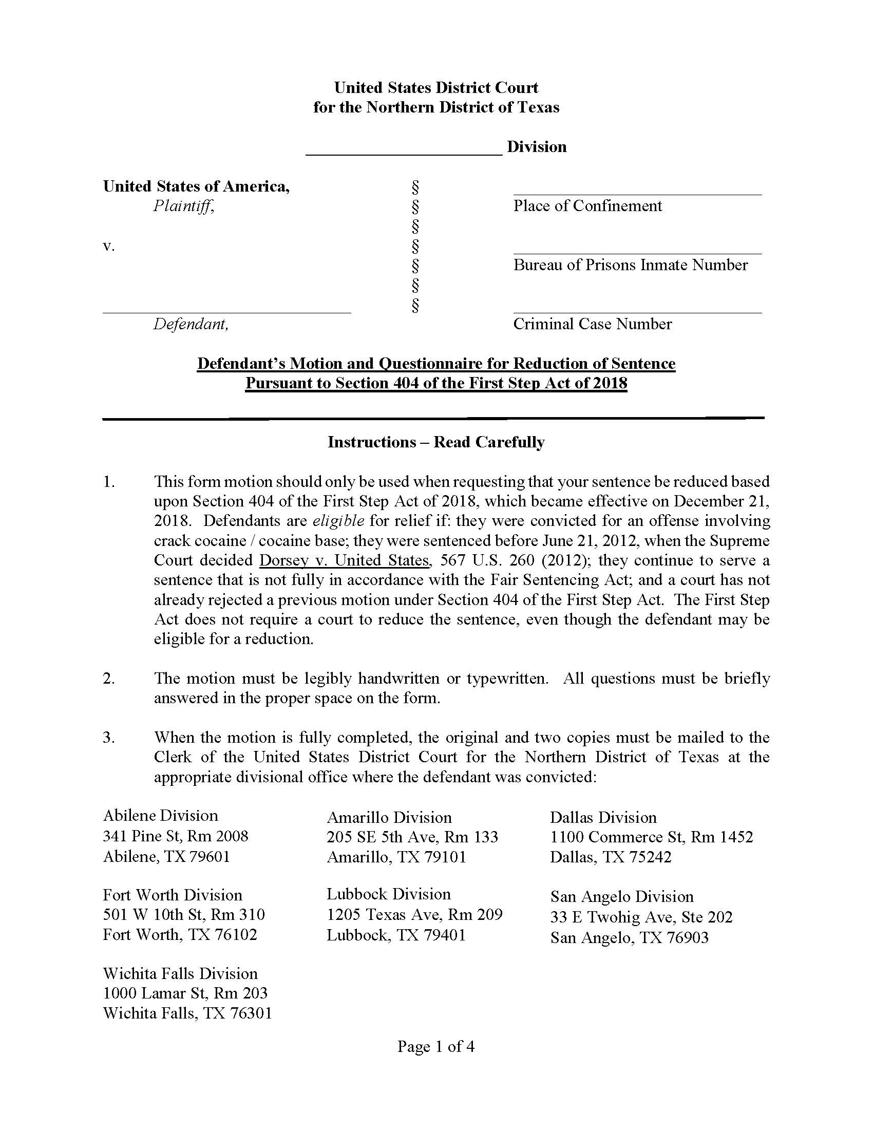 Defendants Motion And Questionnaire For Reduction Of Sentence (First Step Act) | Pdf Fpdf Docx | Texas