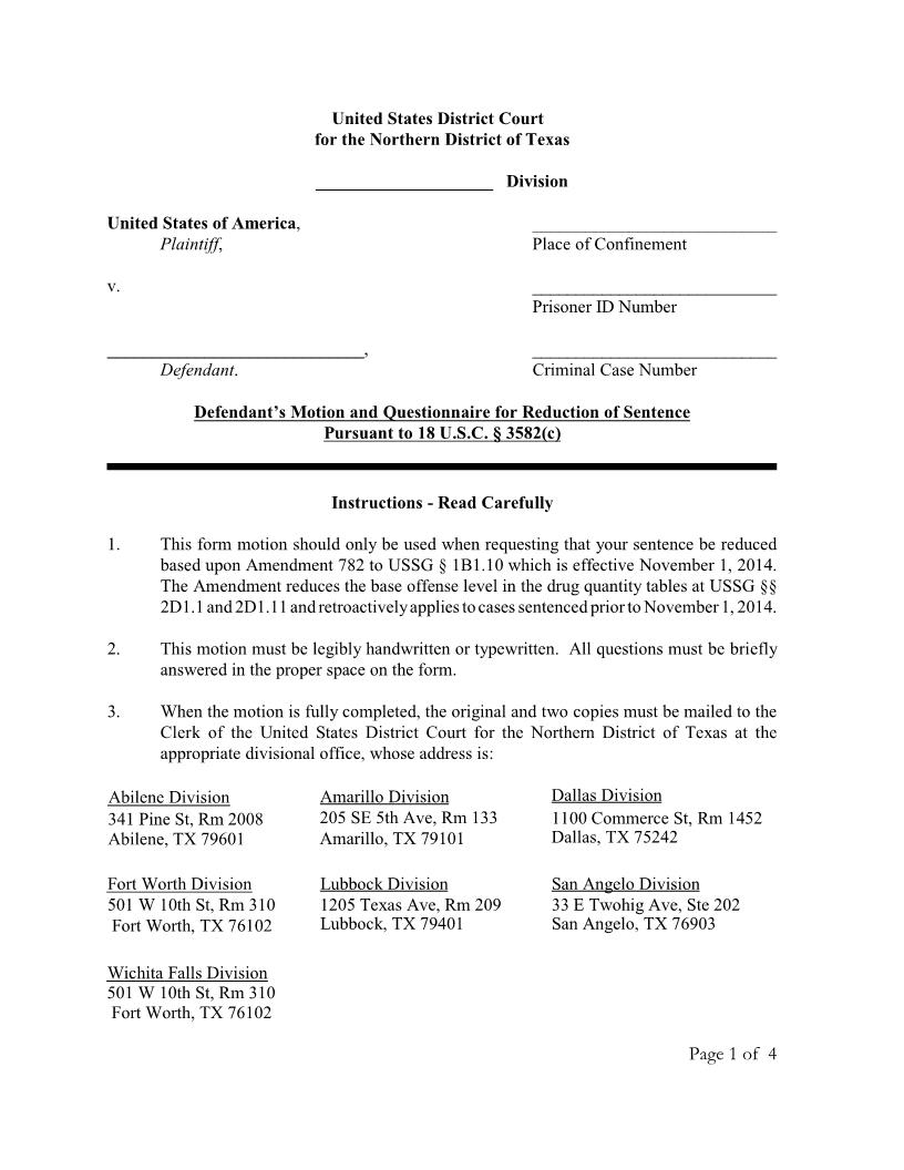 Defendants Motion And Questionnaire For Reduction Of Sentence | Pdf Fpdf Doc Docx | Texas