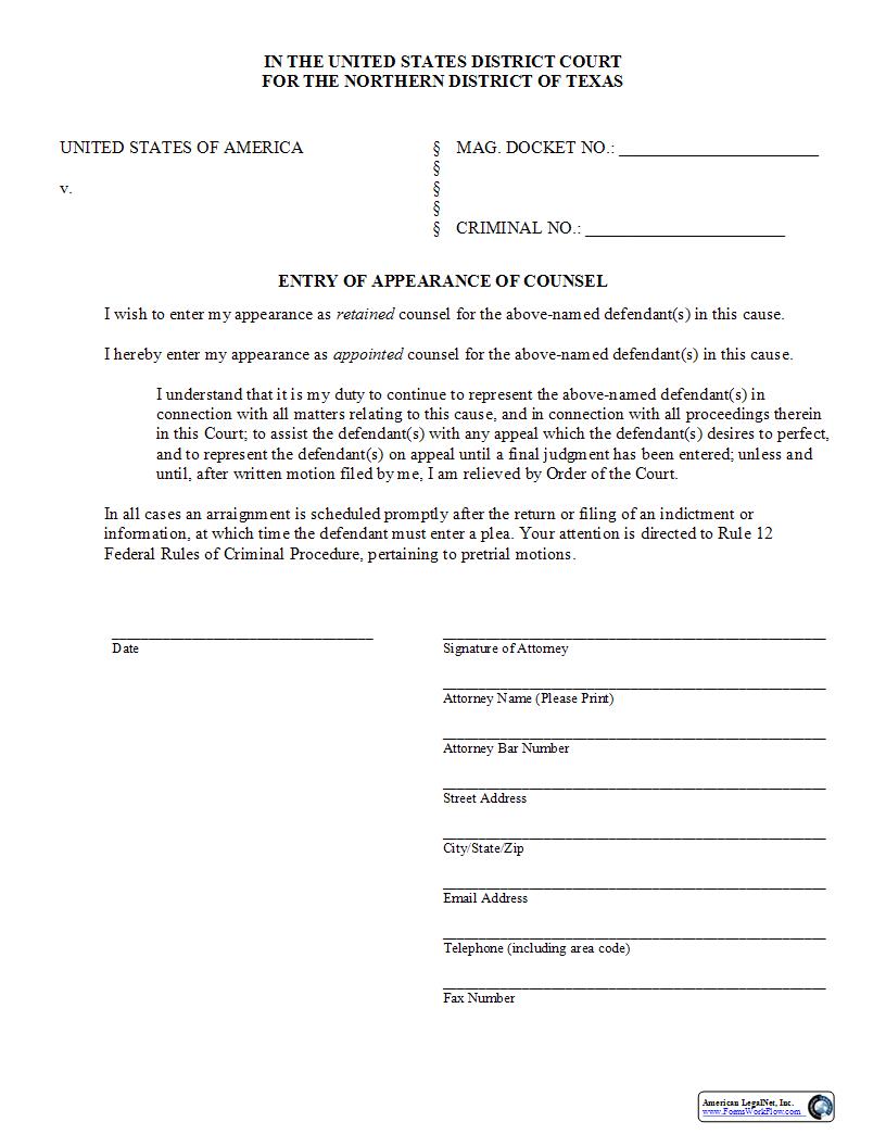 Entry Of Appearance Of Counsel | Pdf Fpdf Docx | Texas