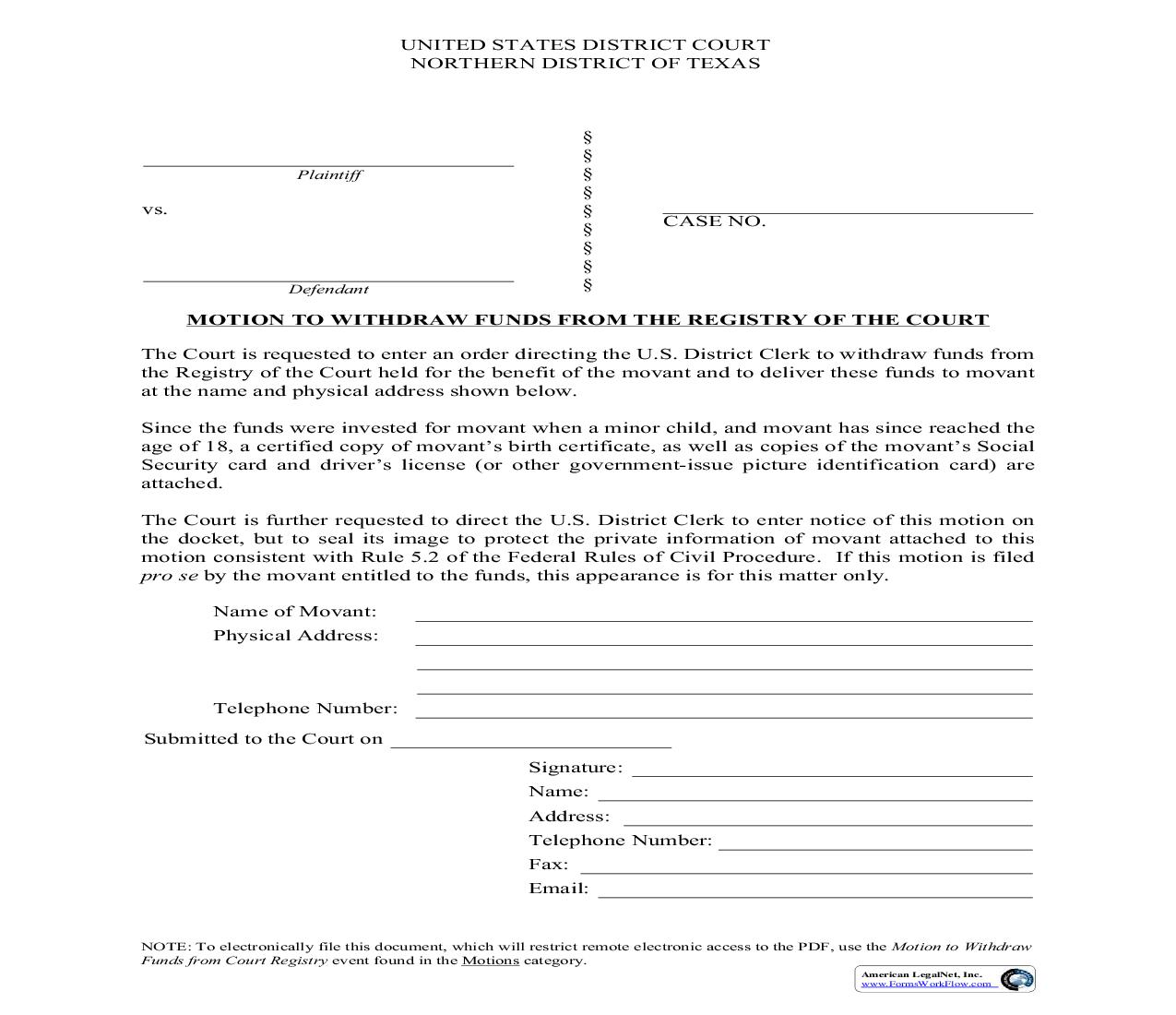 Motion To Withdraw Funds From The Registry Of The Court | Pdf Fpdf Doc Docx | Texas