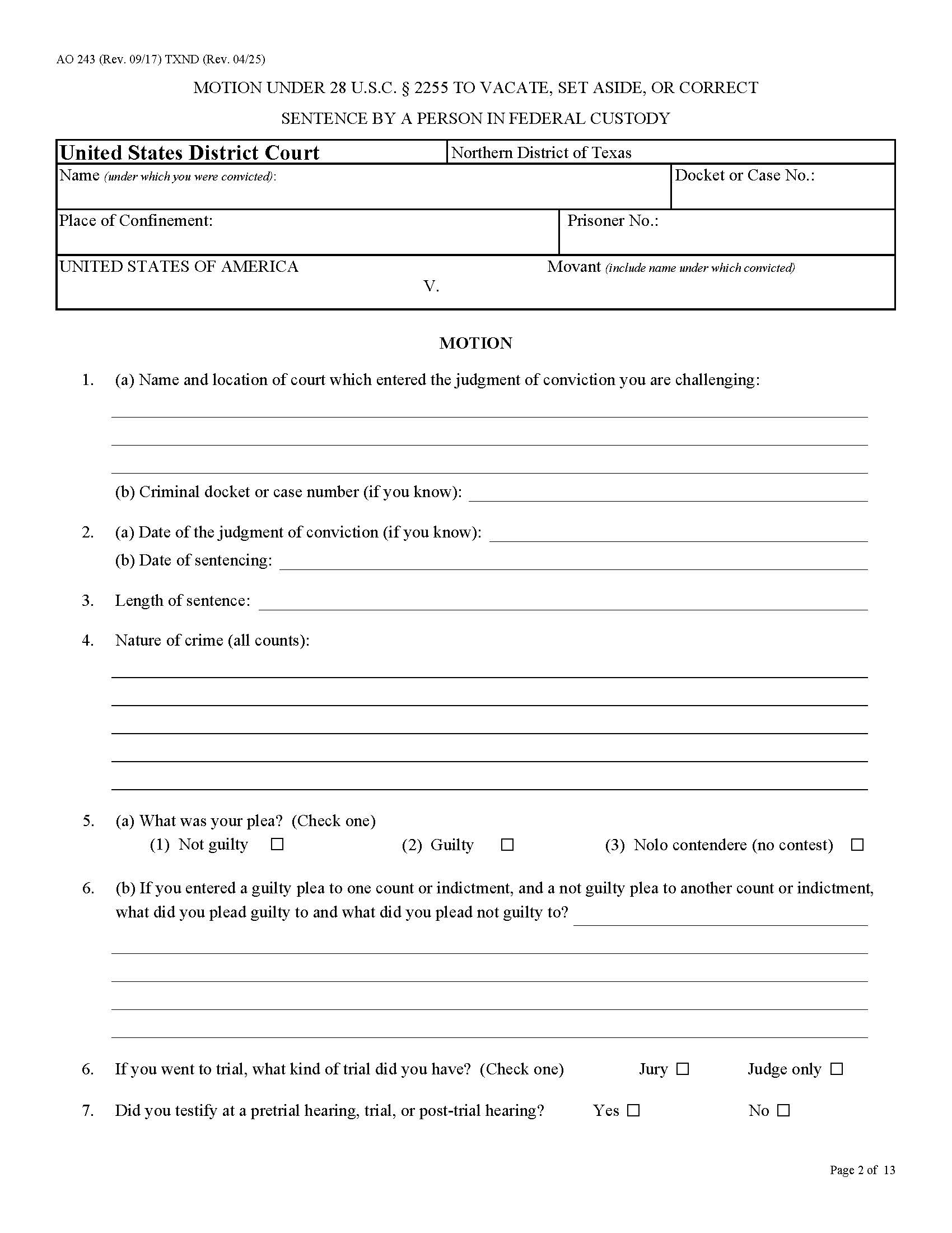 Motion Under 28 USC 2255 By Person In Federal Custody | Pdf Fpdf Doc Docx | Texas