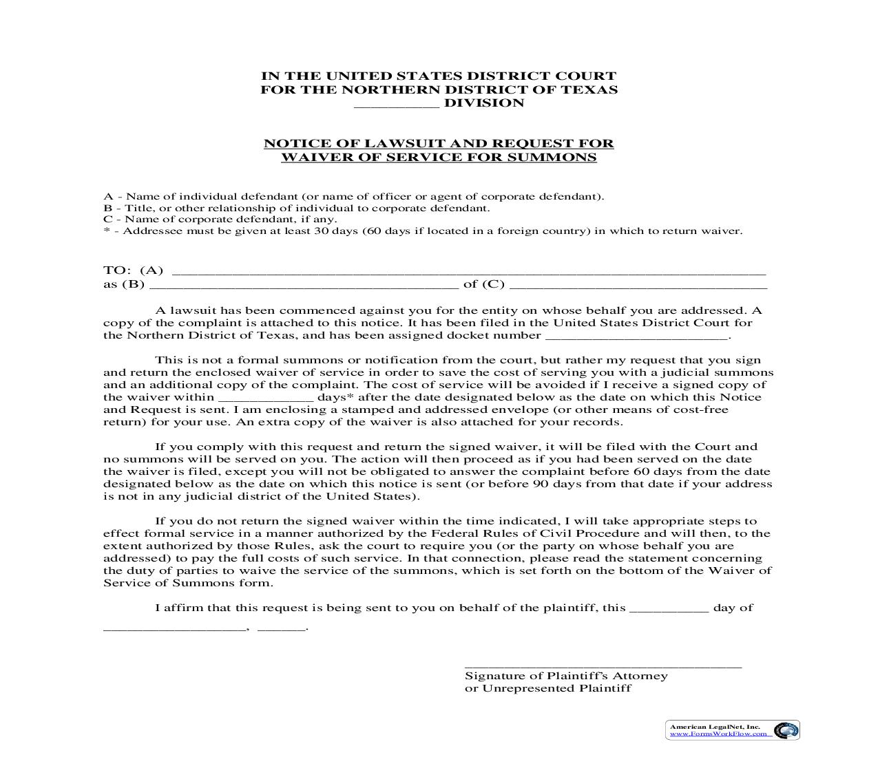 Notice Of Lawsuit And Request For Waiver Of Service For Summons | Pdf Fpdf Doc Docx | Texas