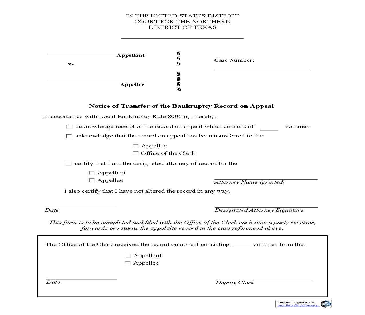 Notice Of Transfer Of The Bankruptcy Record On Appeal | Pdf Fpdf Doc Docx | Texas