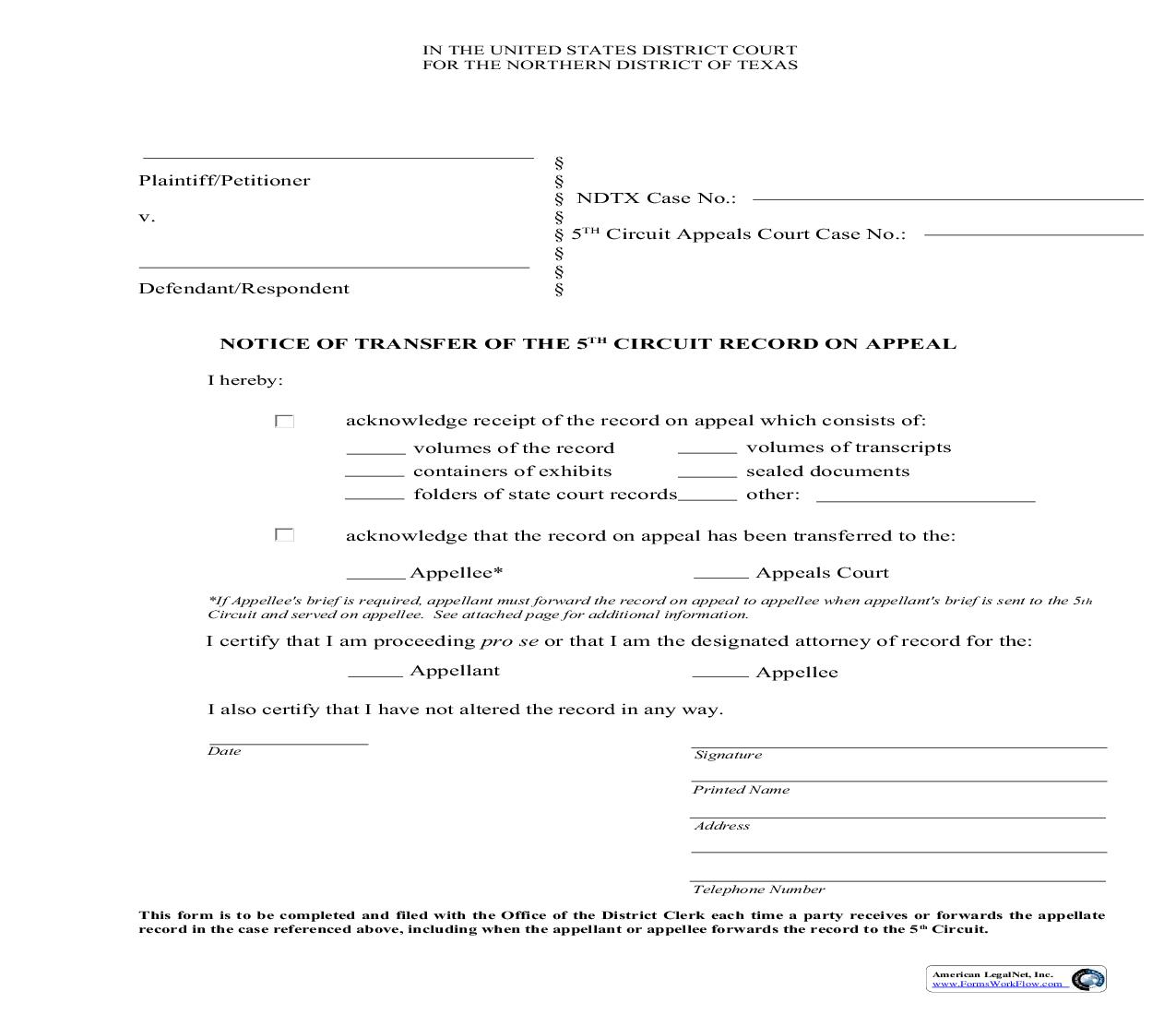 Notice Of Transfer Of The Fifth Circuit Record On Appeal | Pdf Fpdf Doc Docx | Texas