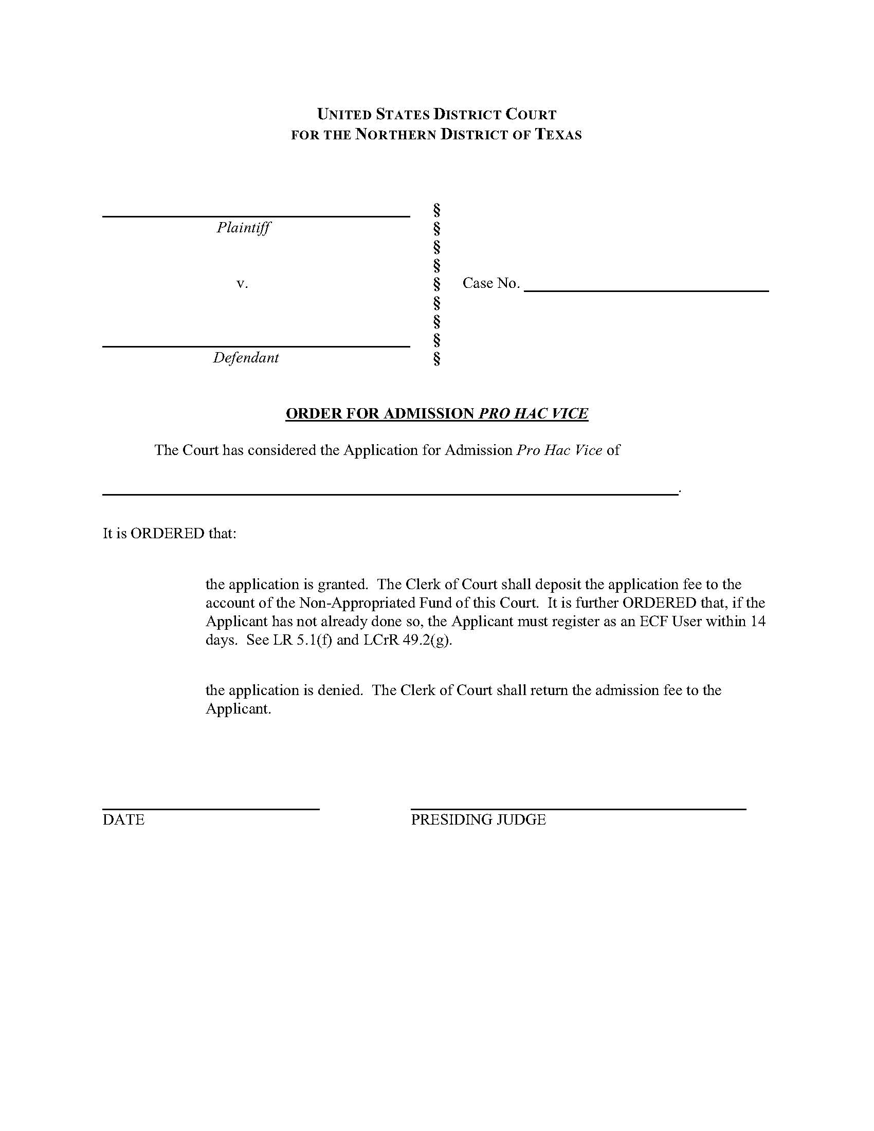 Order For Admission Pro Hac Vice | Pdf Fpdf Doc Docx | Texas