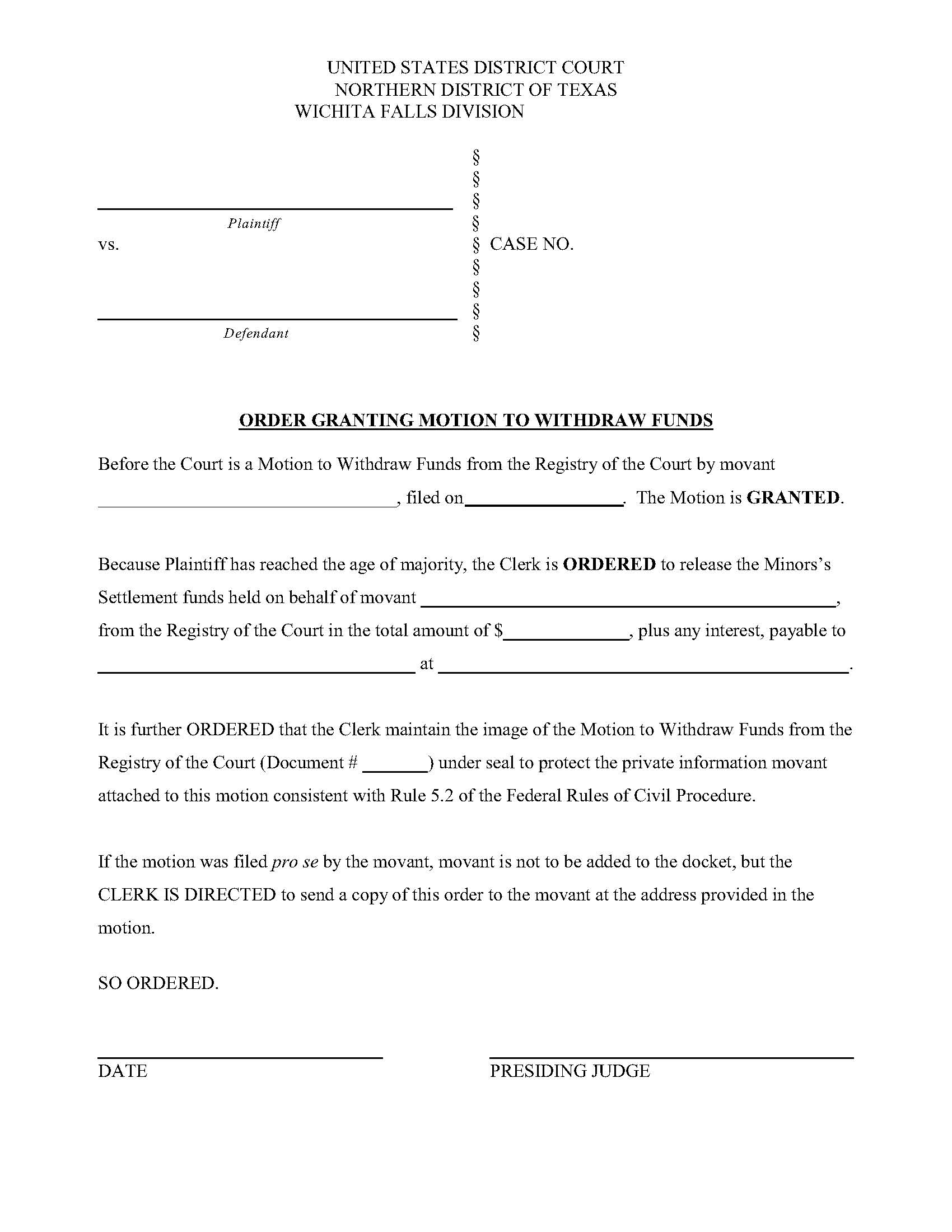 Order Granting Motion To Withdraw Funds | Pdf Fpdf Doc Docx | Texas