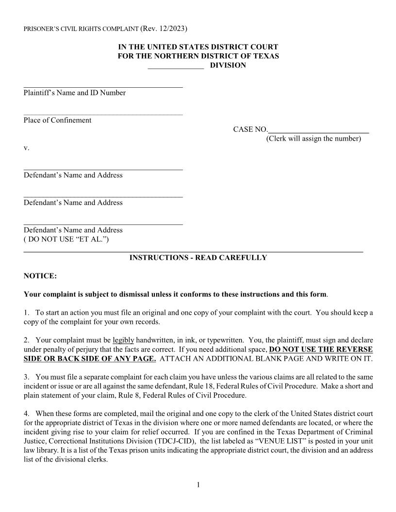 Prisoners Civil Rights Complaint | Pdf Fpdf Doc Docx | Texas