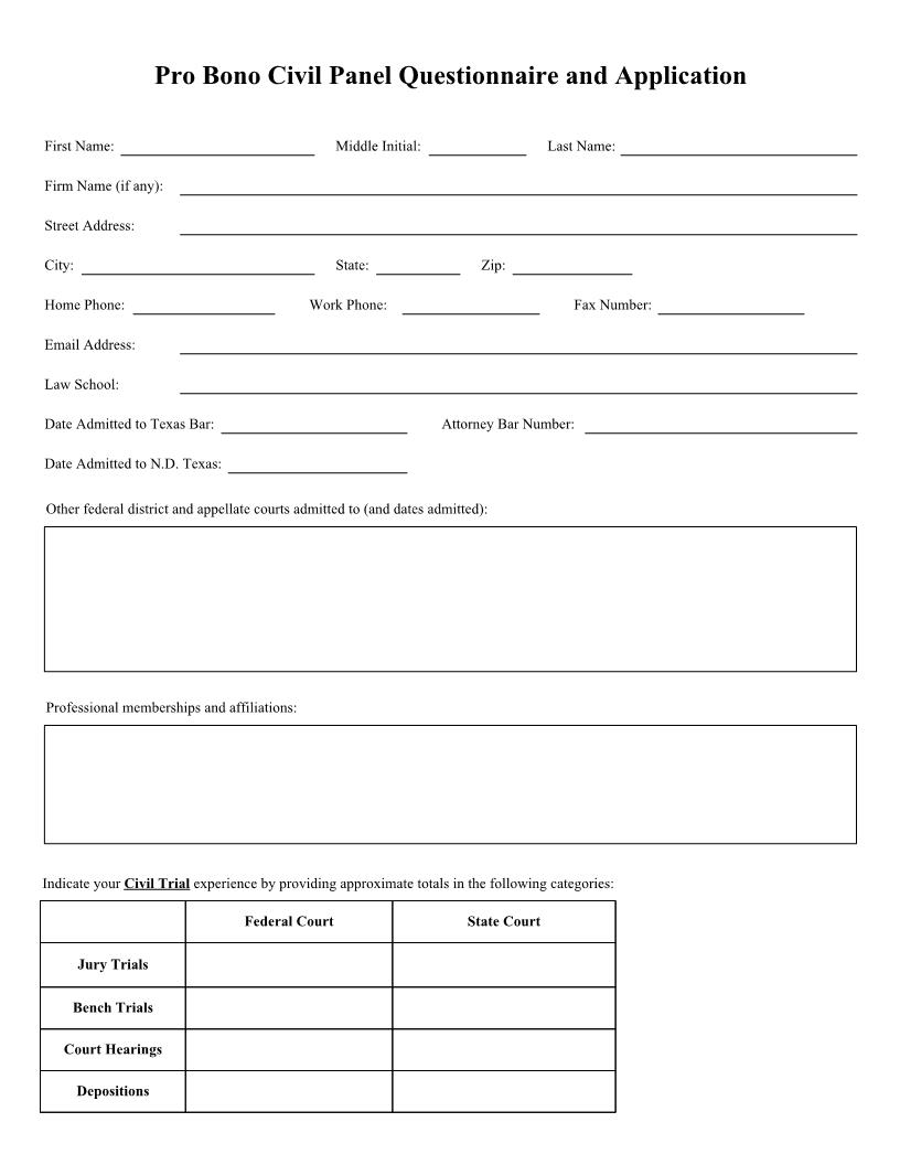 Pro Bono Civil Panel Application | Pdf Fpdf Docx | Texas