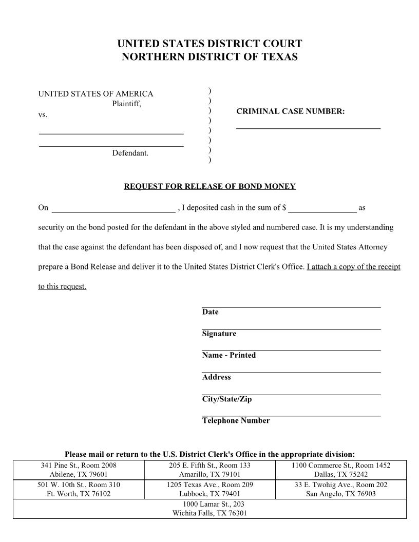 Request For Release Of Bond Money | Pdf Fpdf Docx | Texas