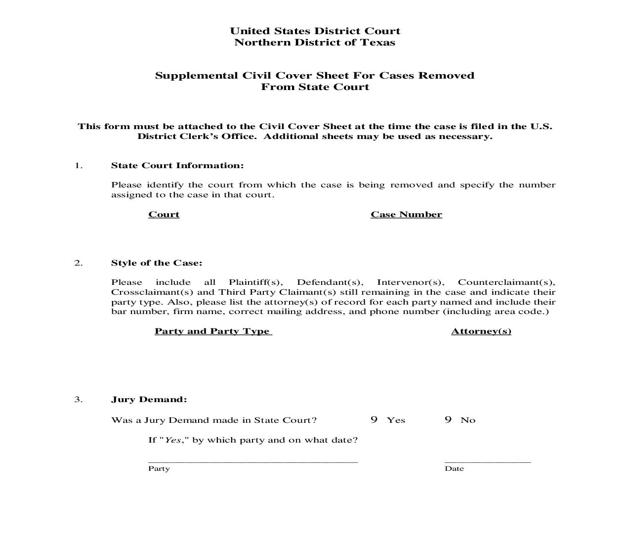 Supplemental Civil Cover Sheet For Cases Removed From State Court | Pdf Fpdf Doc Docx | Texas