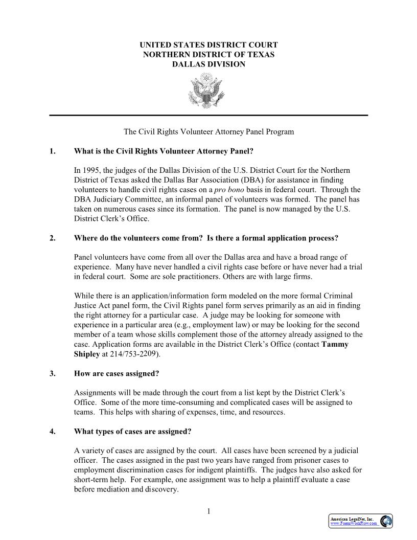 The Civil Rights Volunteer Attorney Panel Program | Pdf Fpdf Docx | Texas
