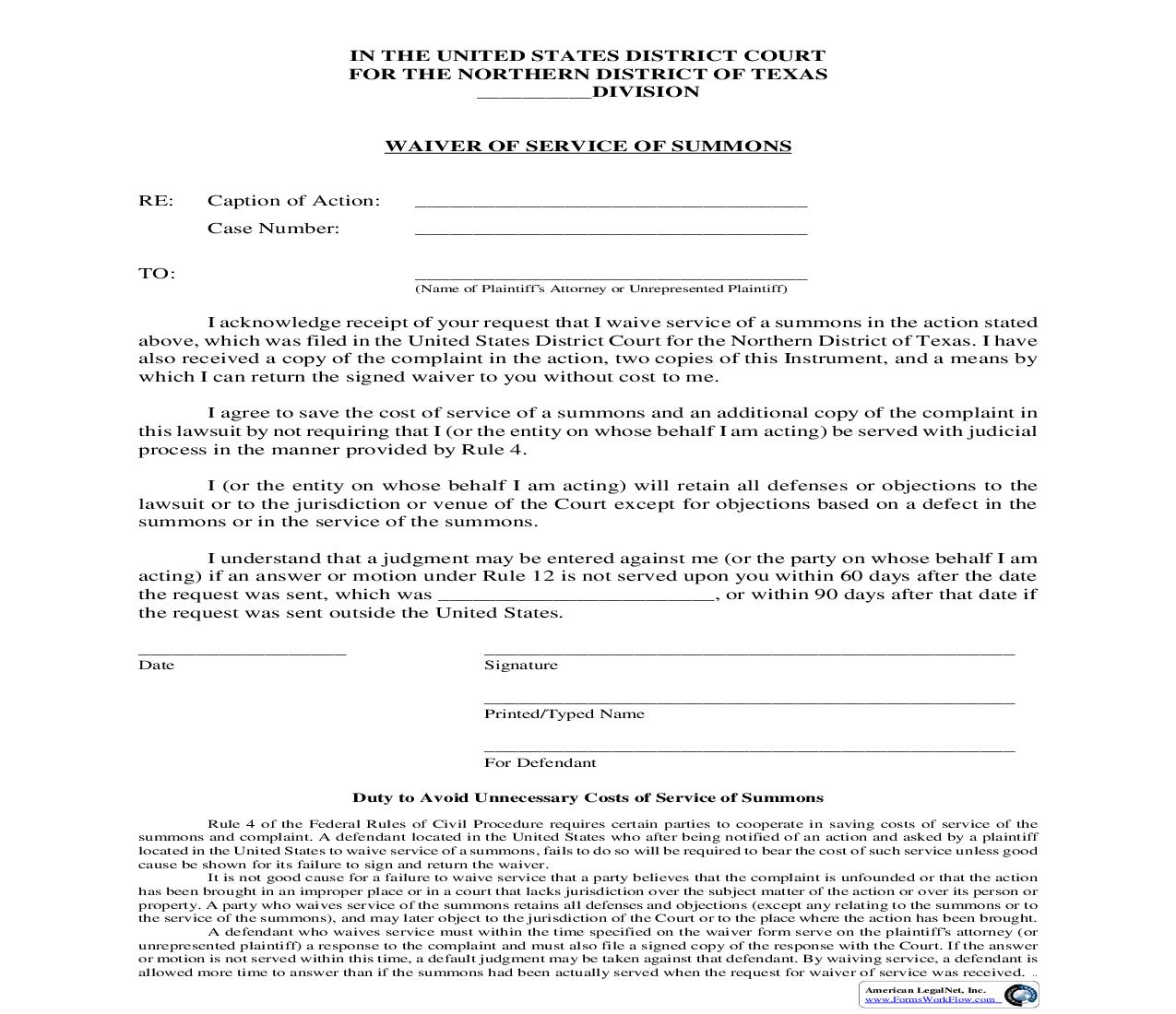 Waiver Of Service Of Summons | Pdf Fpdf Doc Docx | Texas