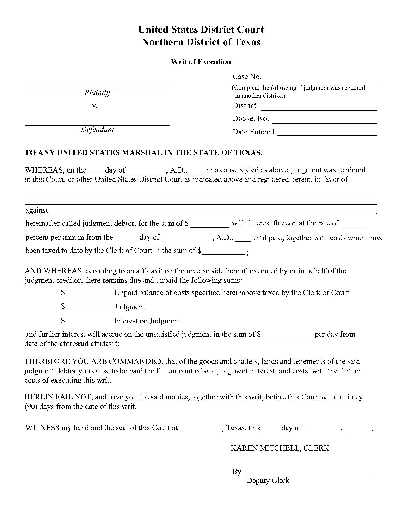 Writ Of Execution (Northern District) | Pdf Fpdf Doc Docx | Texas