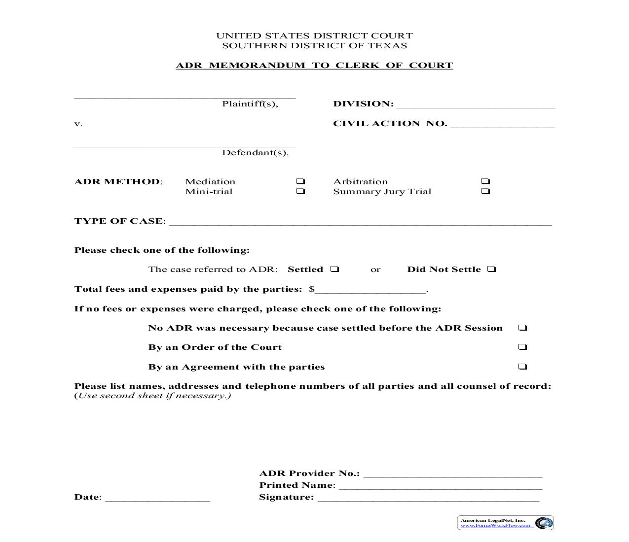 ADR Memorandum To Clerk Of Court | Pdf Fpdf Doc Docx | Texas