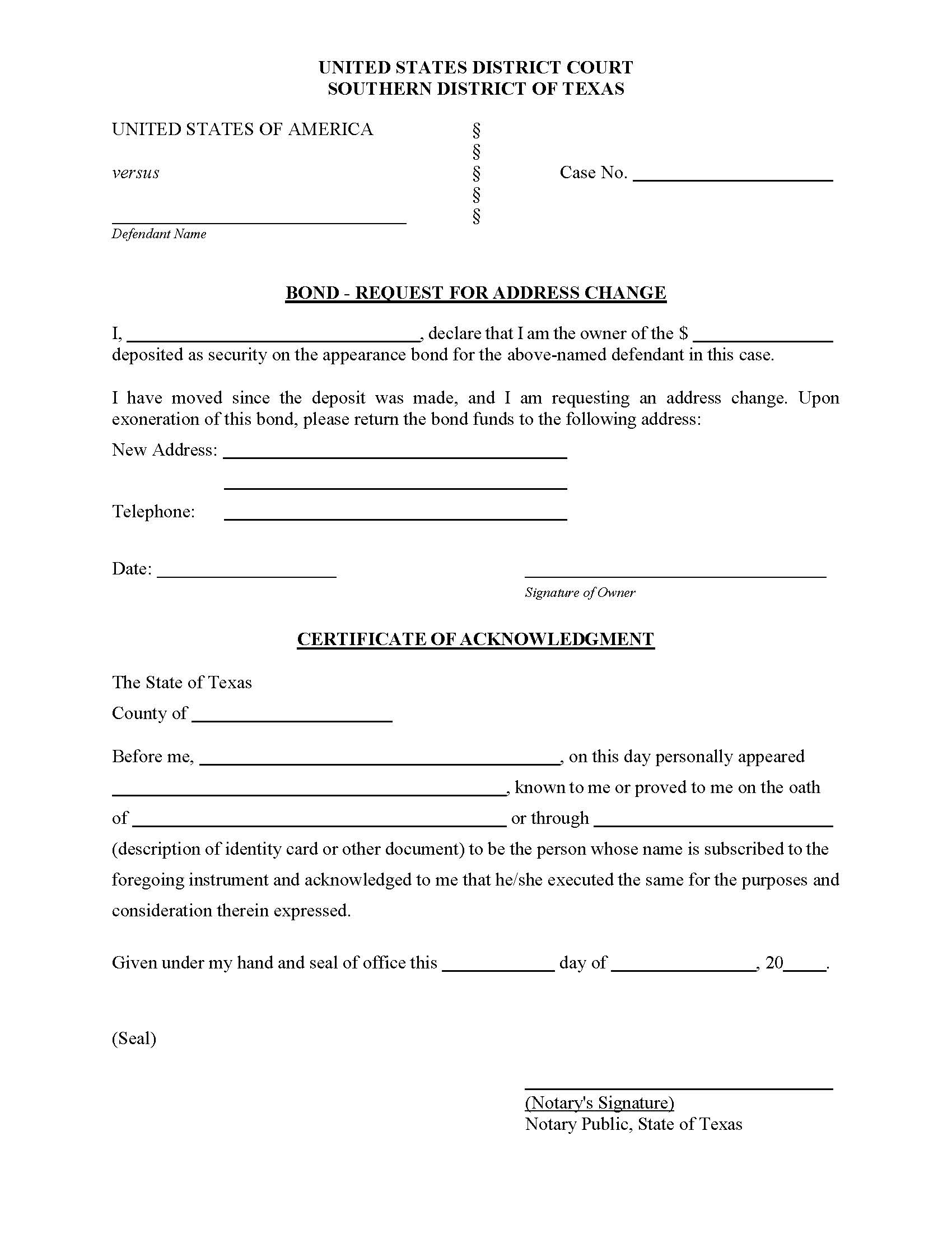 Bond Request For Address Change | Pdf Fpdf Docx | Texas