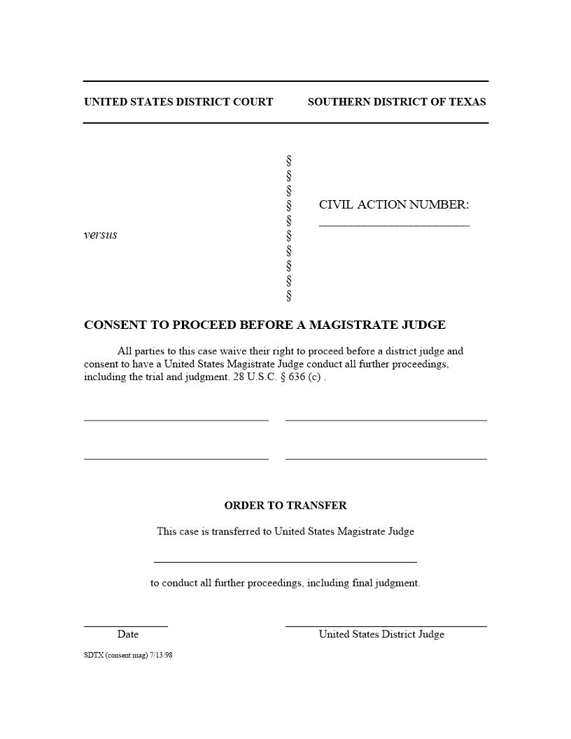 Consent To Proceed Before A Magistrate {SDTX-DC-23} | Pdf Fpdf Doc Docx | Texas