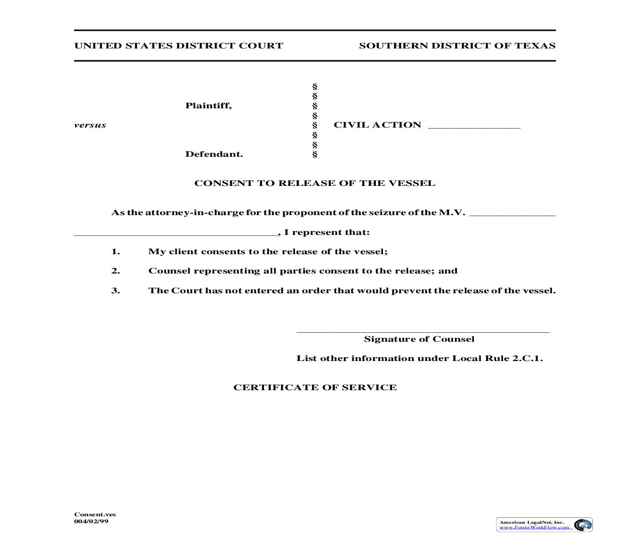 Consent To Release Of The Vessel | Pdf Fpdf Doc Docx | Texas