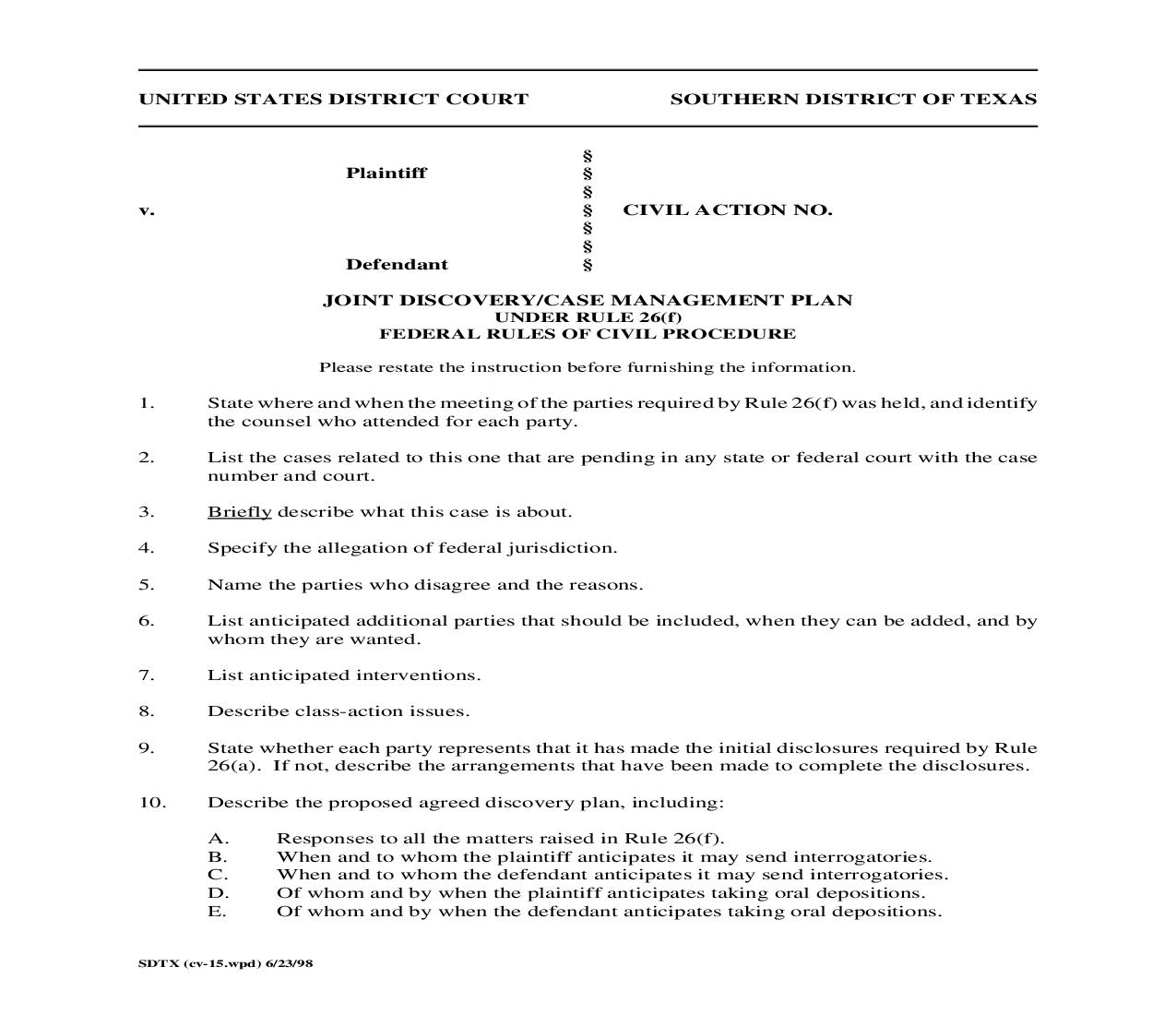 Joint Discovery Case Management Plan Under Rule 26(F) {SDTX-CV-15} | Pdf Fpdf Doc Docx | Texas