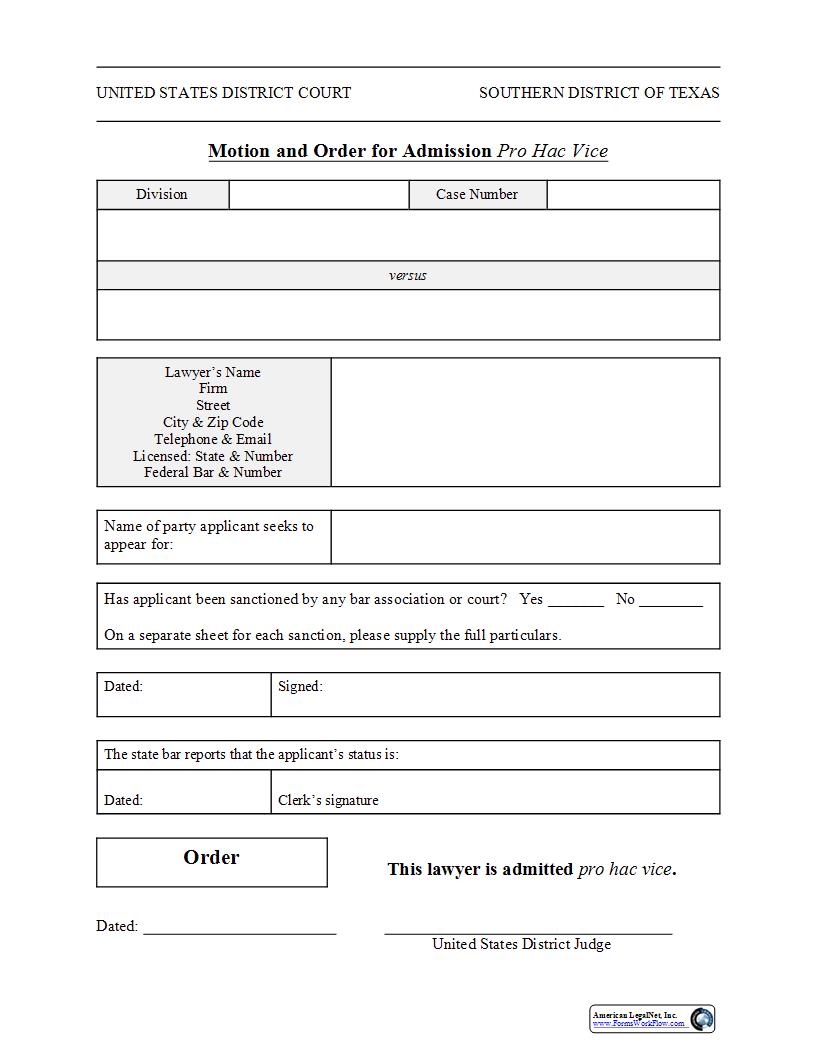 Motion And Order For Admission Pro Hac Vice | Pdf Fpdf Docx | Texas