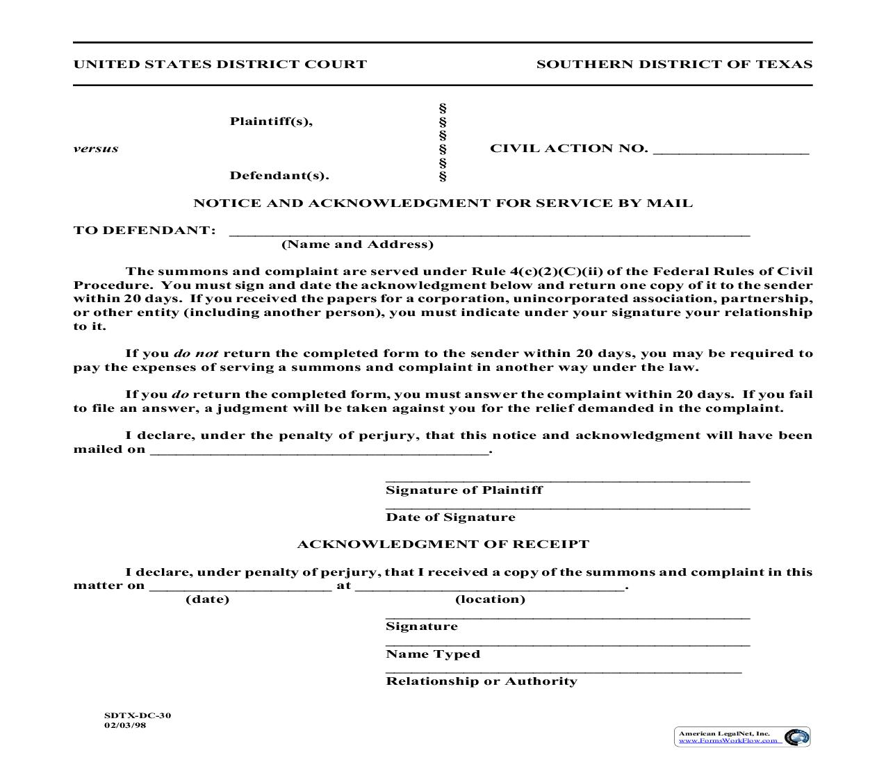 Notice And Acknowledgment For Service By Mail | Pdf Fpdf Doc Docx | Texas