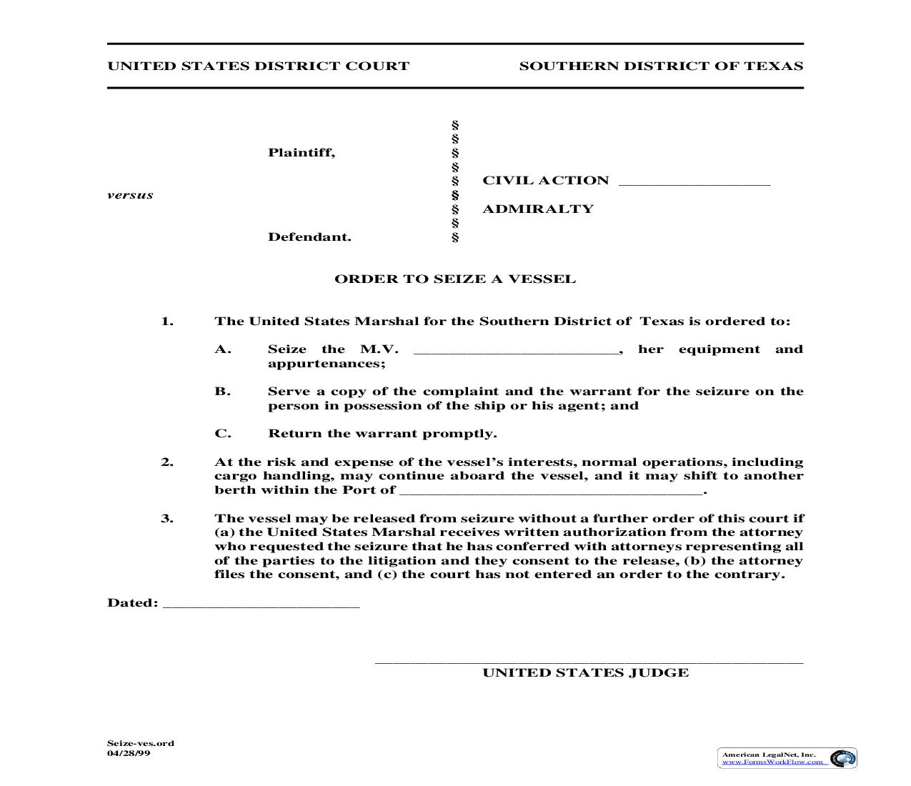 Order To Seize A Vessel | Pdf Fpdf Doc Docx | Texas
