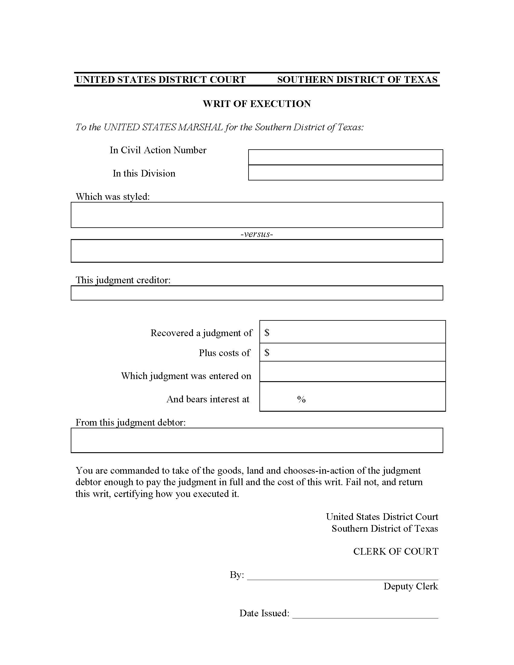 Writ Of Execution (Southern District) | Pdf Fpdf Doc Docx | Texas
