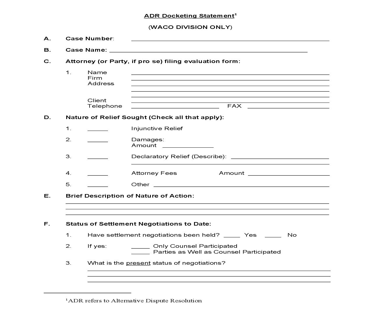ADR Docketing Statement (WACO Division Only) | Pdf Fpdf Doc Docx | Texas