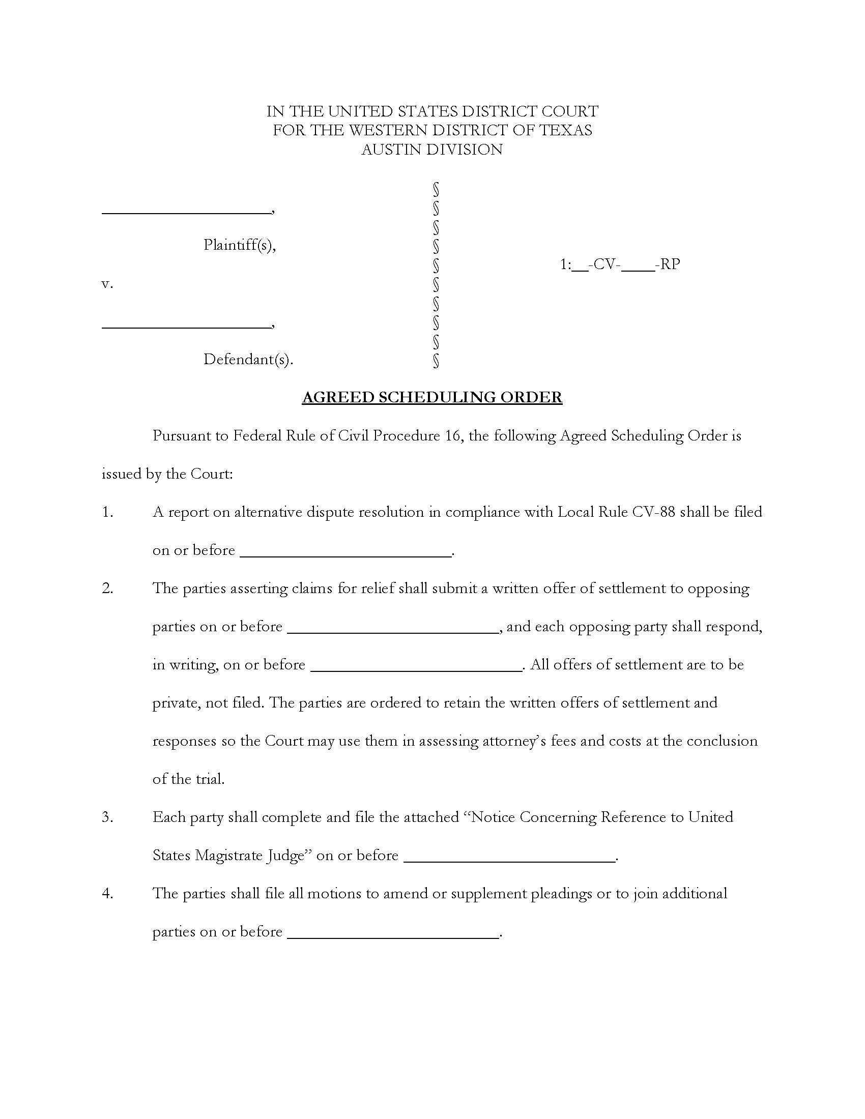 Agreed Scheduling Order (Judge Pitman - Austin Division) | Pdf Fpdf Docx | Texas