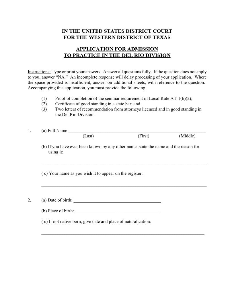 Application For Admission (Del Rio) | Pdf Fpdf Docx | Texas
