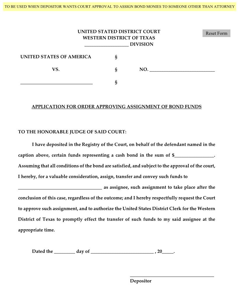 Application For Order Approving Assignment Of Bond Funds | Pdf Fpdf Docx | Texas