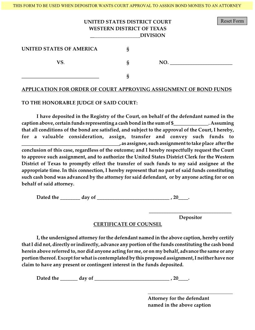 Application For Order Of Court Approving Assignment Of Bond Funds | Pdf Fpdf Docx | Texas