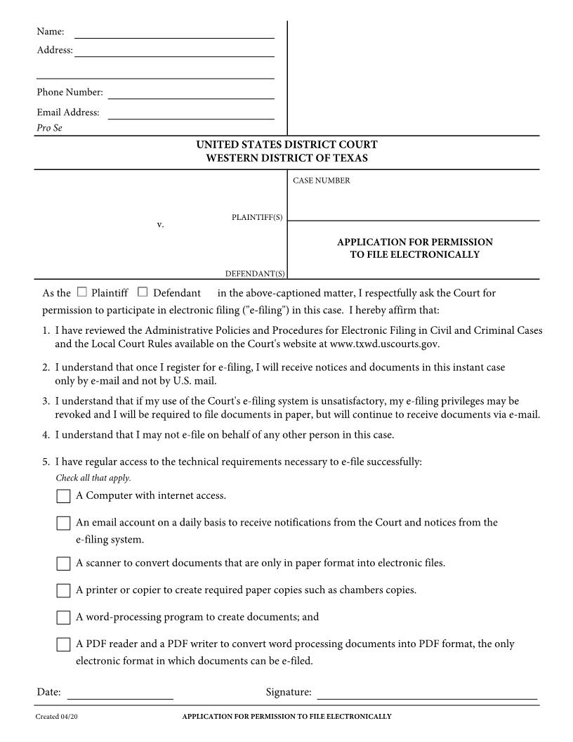 Application For Permission To File Electronically  | Pdf Fpdf Docx | Texas