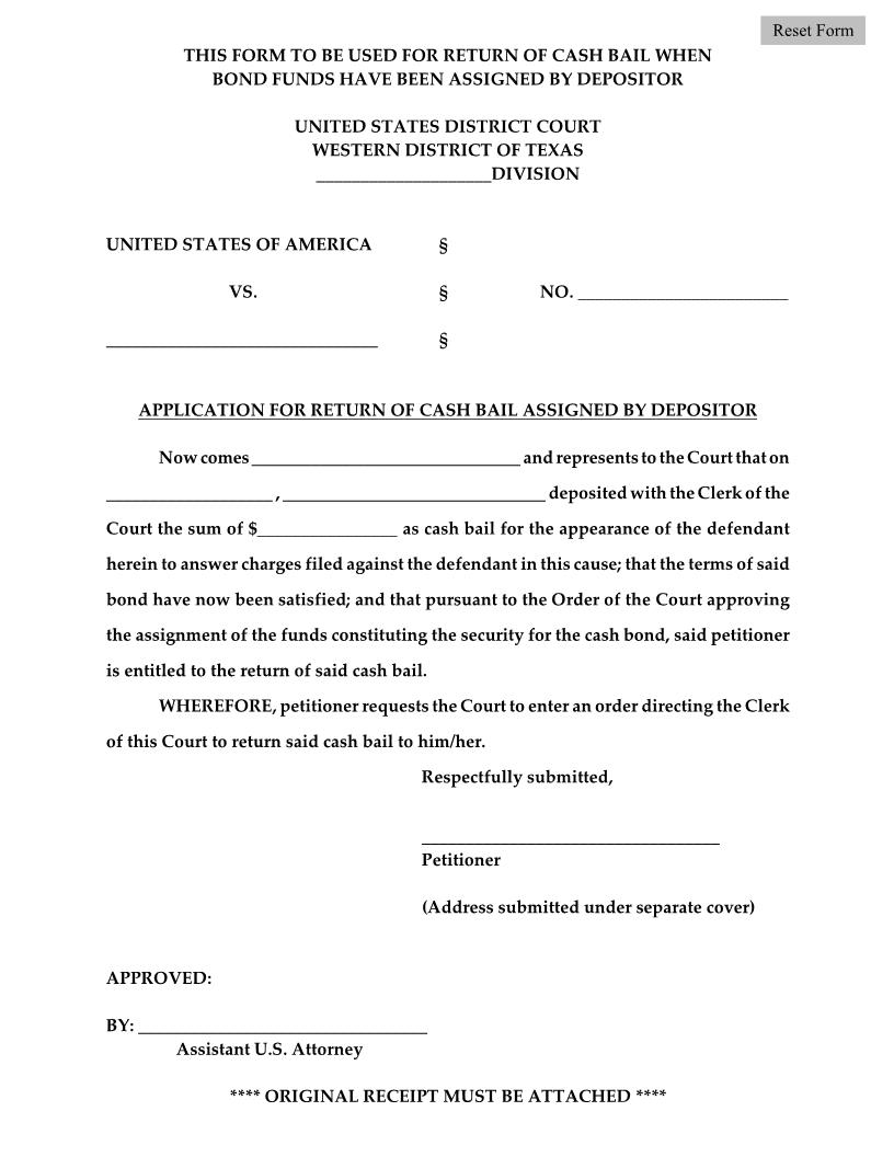 Application For Return Of Cash Bail Assigned By Depositor | Pdf Fpdf Docx | Texas