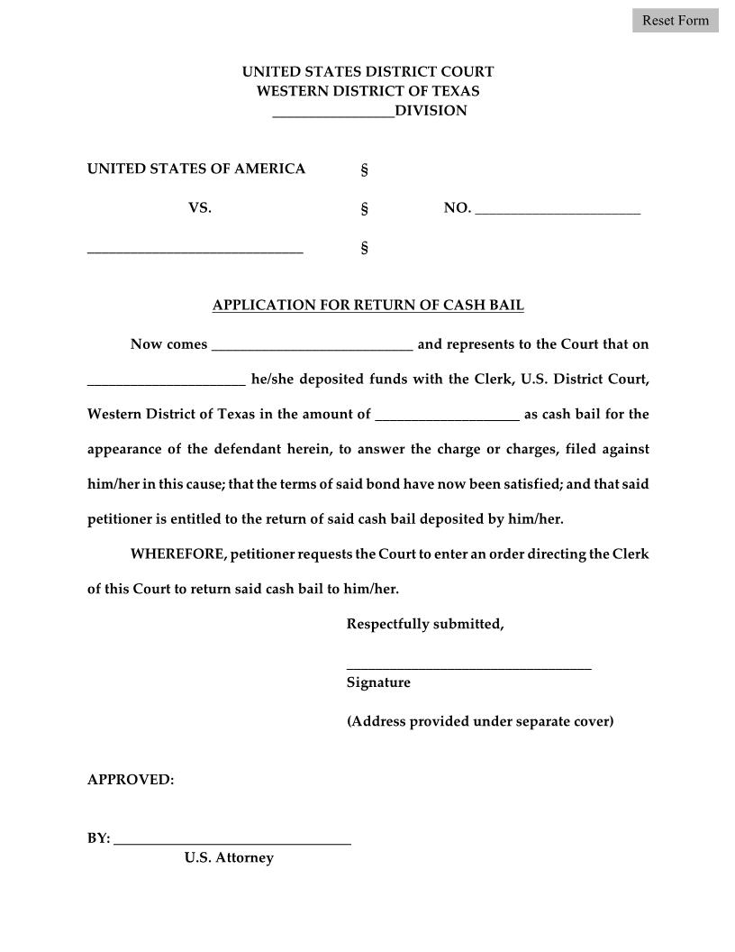 Application For Return Of Cash Bail | Pdf Fpdf Docx | Texas