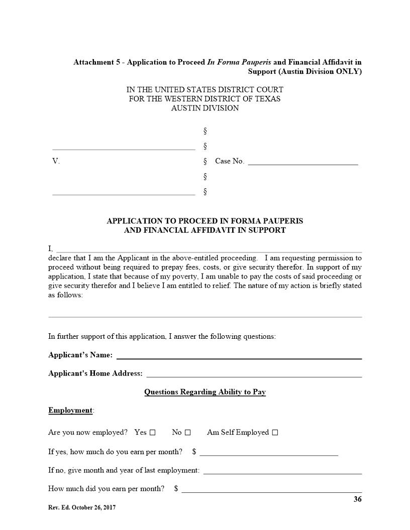 Application To Proceed In Forma Pauperis And Financial Affidavit (Austin Division Only) | Pdf Fpdf Doc Docx | Texas