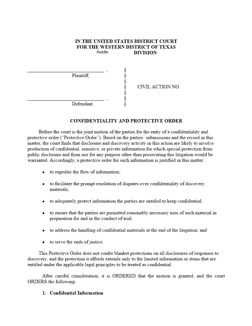 Confidentiality And Protective Order {Appendix H-1} | Pdf Fpdf Docx | Texas