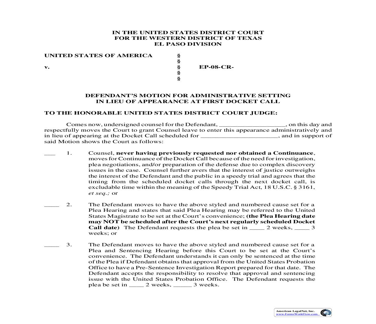 Defendents Motion For Administrative Setting In Lieu Of Appearance At Docket Call (Judge Cardone) | Pdf Fpdf Doc Docx | Texas