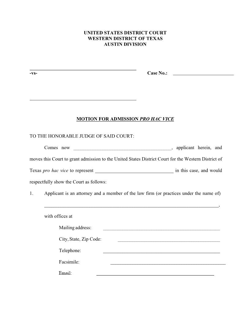 Motion And Order For Admission Pro Hac Vice (Austin Division Only) | Pdf Fpdf Docx | Texas