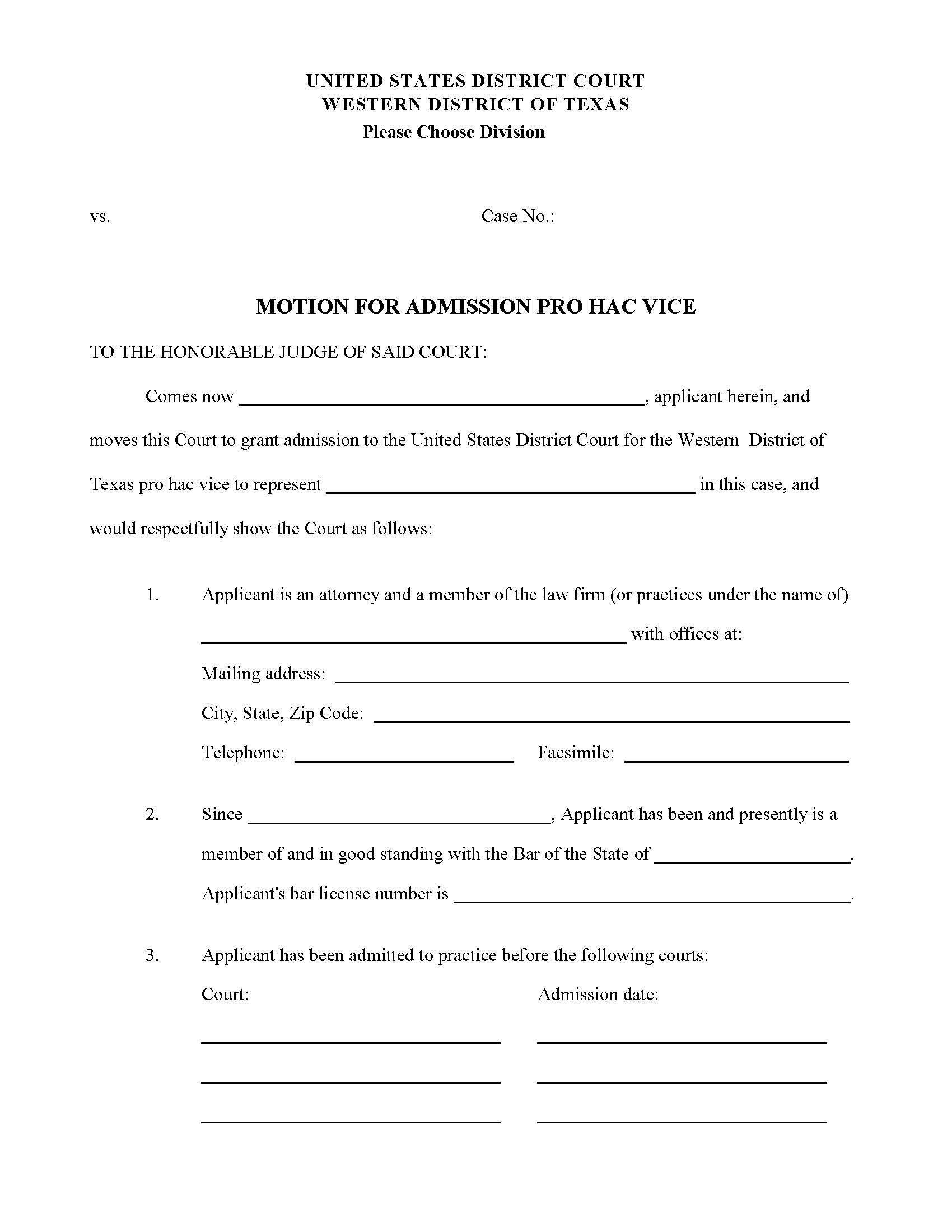 Motion For Admission Pro Hac Vice (Except Austin Division) | Pdf Fpdf Doc Docx | Texas