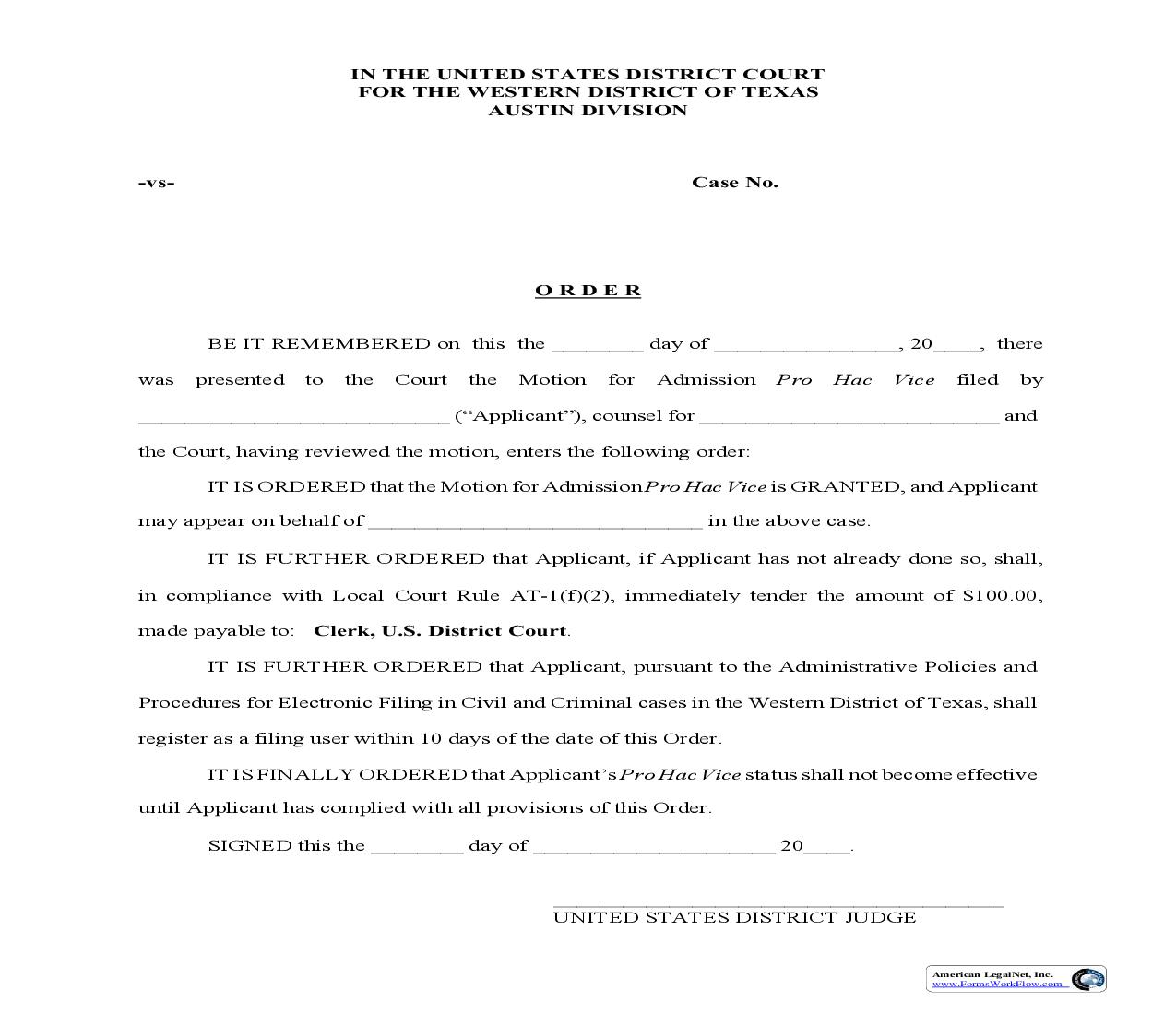 Order (Motion For Admission Pro Hac Vice - Austin Division Only) | Pdf Fpdf Doc Docx | Texas