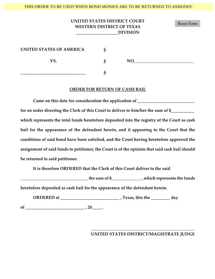 Order For Return Of Assigned Cash Bail | Pdf Fpdf Docx | Texas