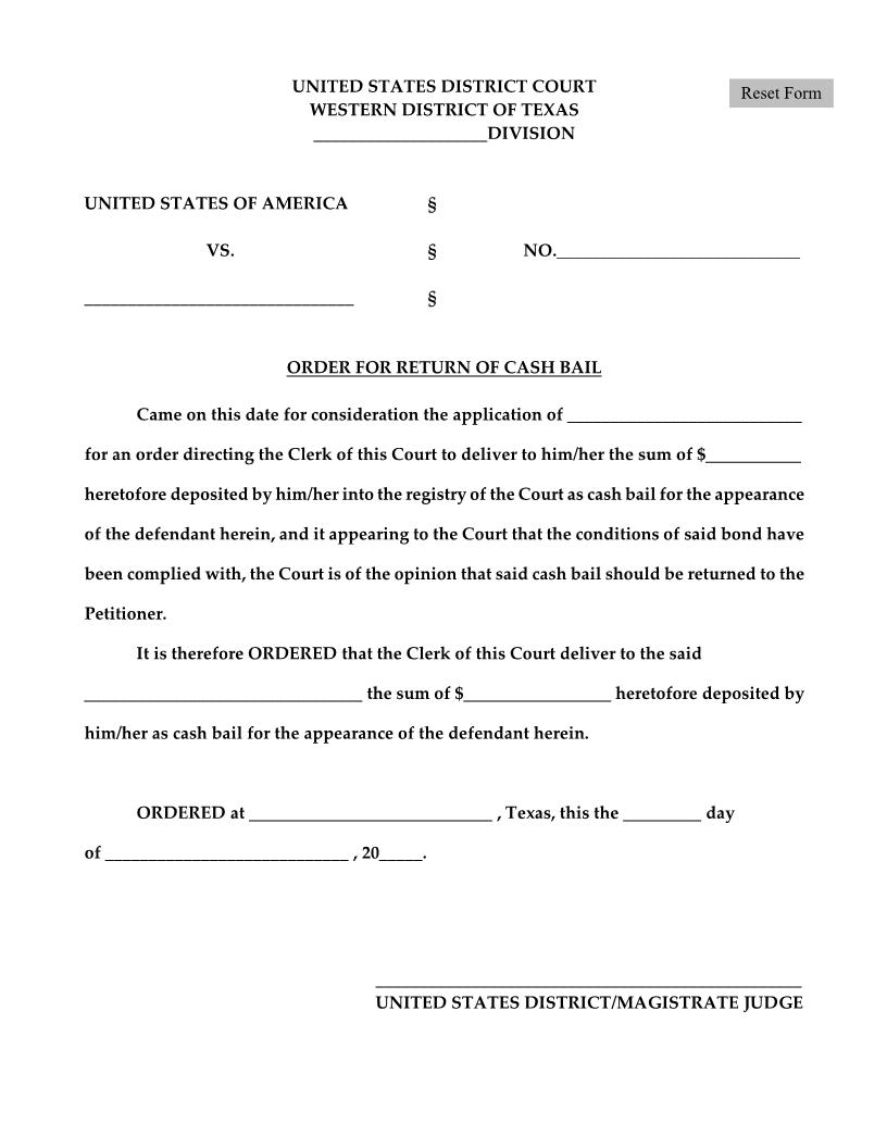 Order For Return Of Cash Bail | Pdf Fpdf Doc Docx | Texas