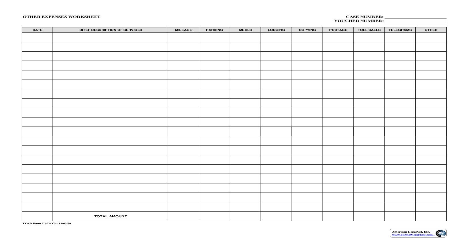 Other Expense Worksheet {CJAWK3} | Pdf Fpdf Doc Docx | Texas