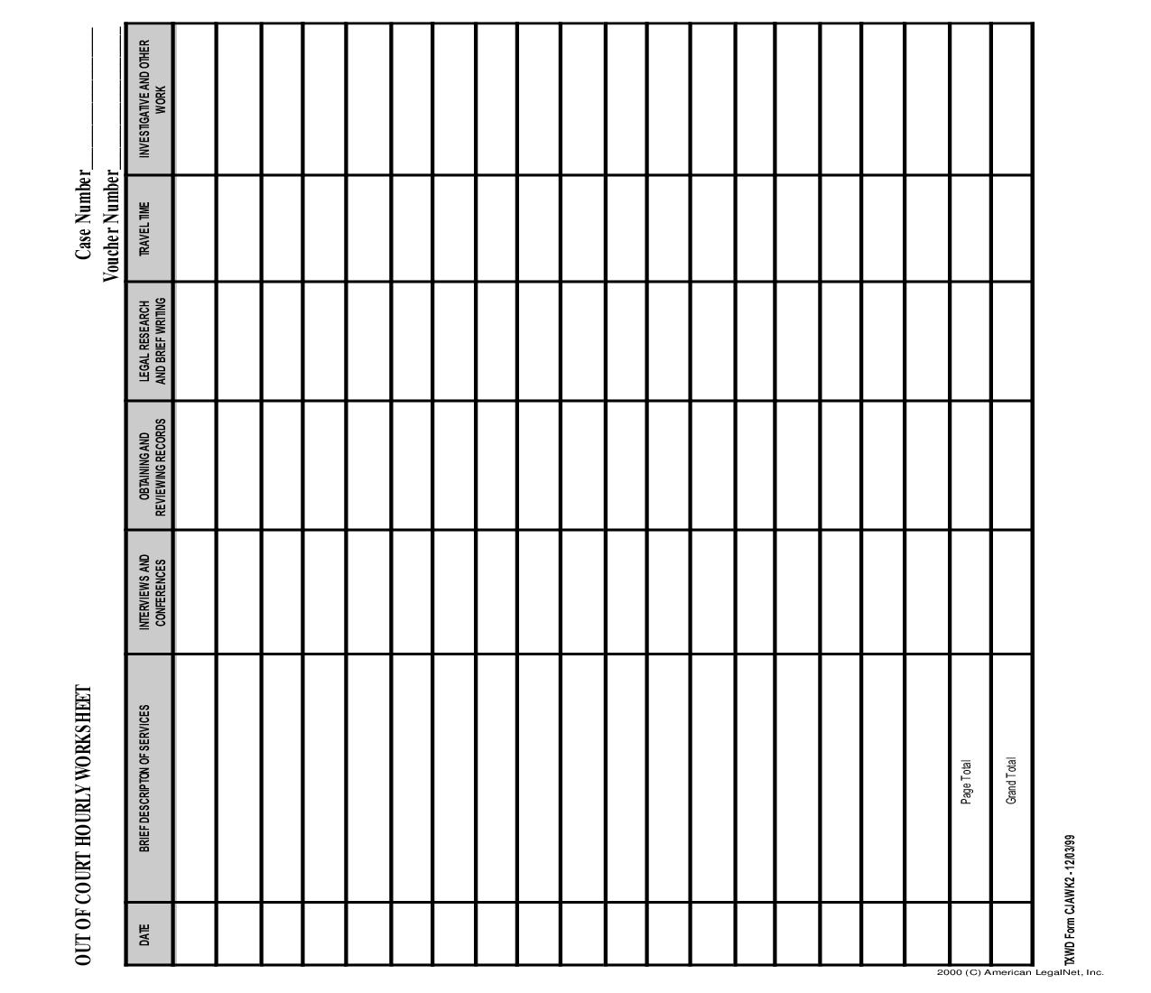 Out Of Court Hourly Worksheet {CJAWK2} | Pdf Fpdf Doc Docx | Texas