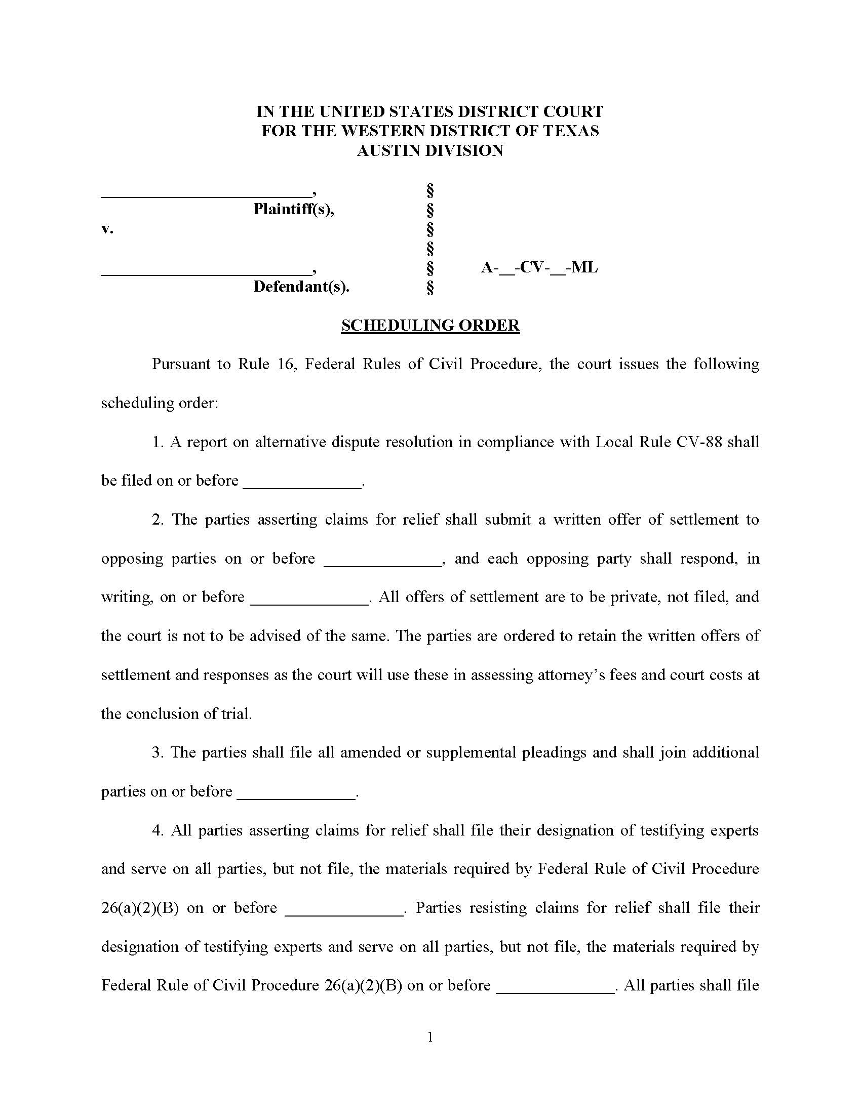 Scheduling Order (Magistrate Judge Lane - Austin Division) | Pdf Fpdf Doc Docx | Texas