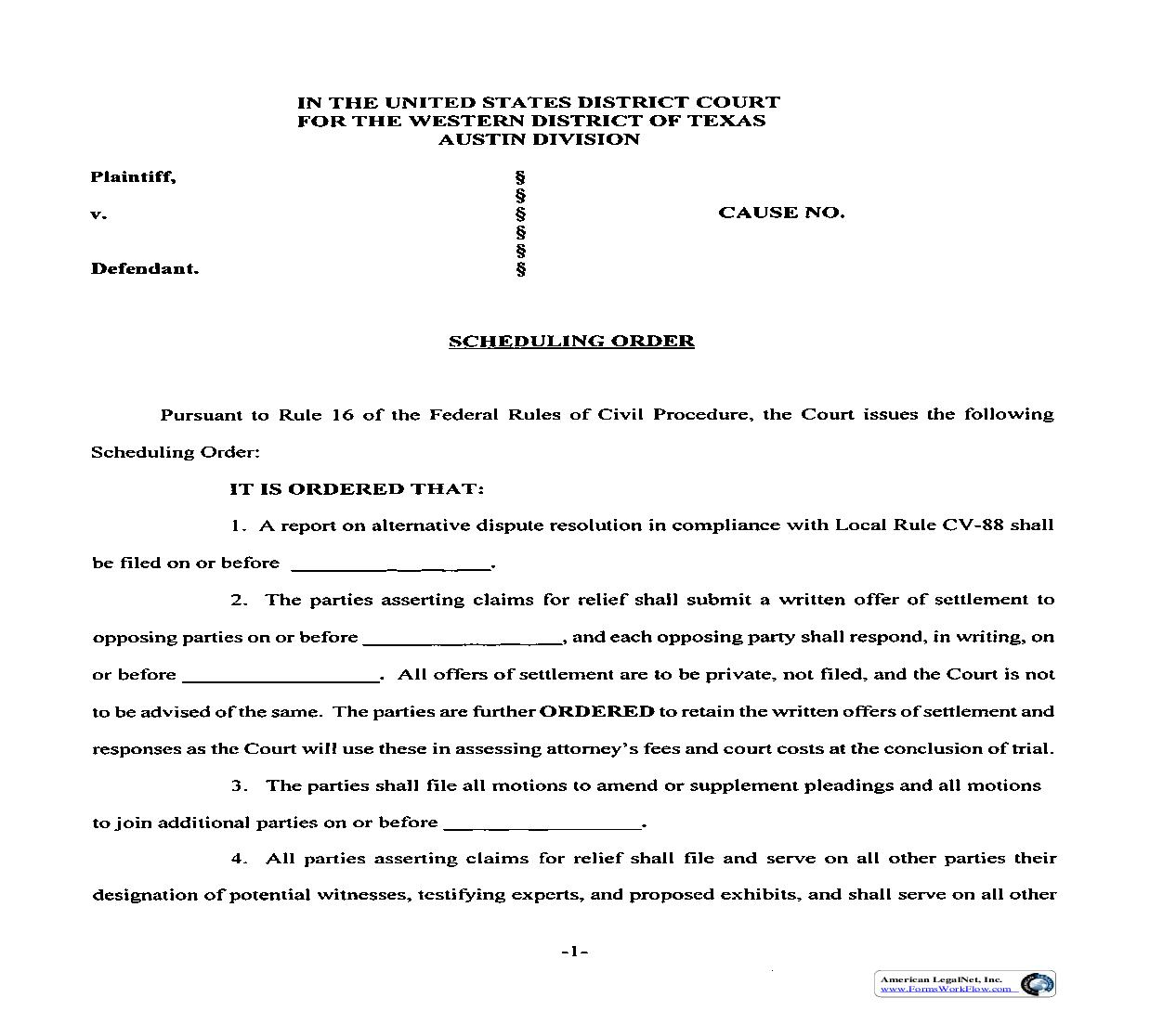 Scheduling Order (Senior Judge Nowlin - Austin Division) | Pdf Fpdf Doc Docx | Texas