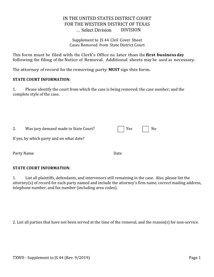 Supplement To JS 44 Civil Cover Sheet - Cases Removed From State District Court | Pdf Fpdf Doc Docx | Texas