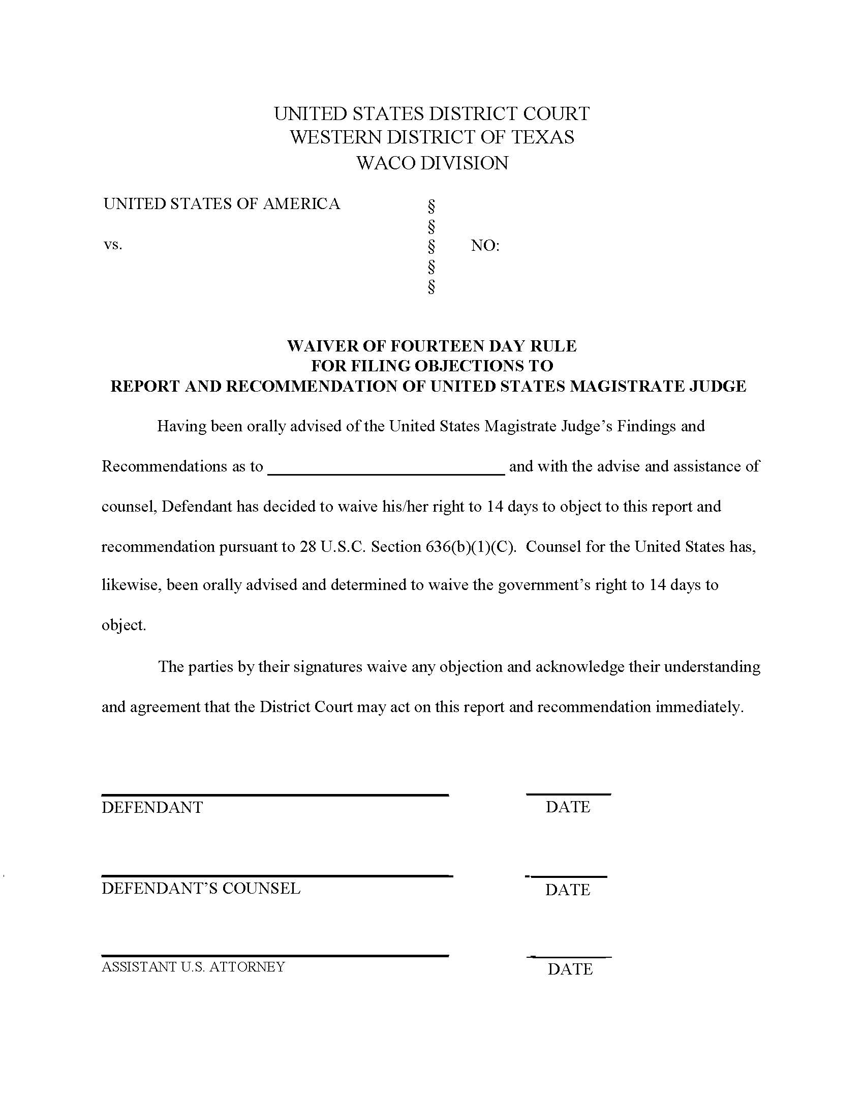 Waiver of Fourteen Day Rule For Filing Objections (Waco) | Pdf Fpdf Docx | Texas