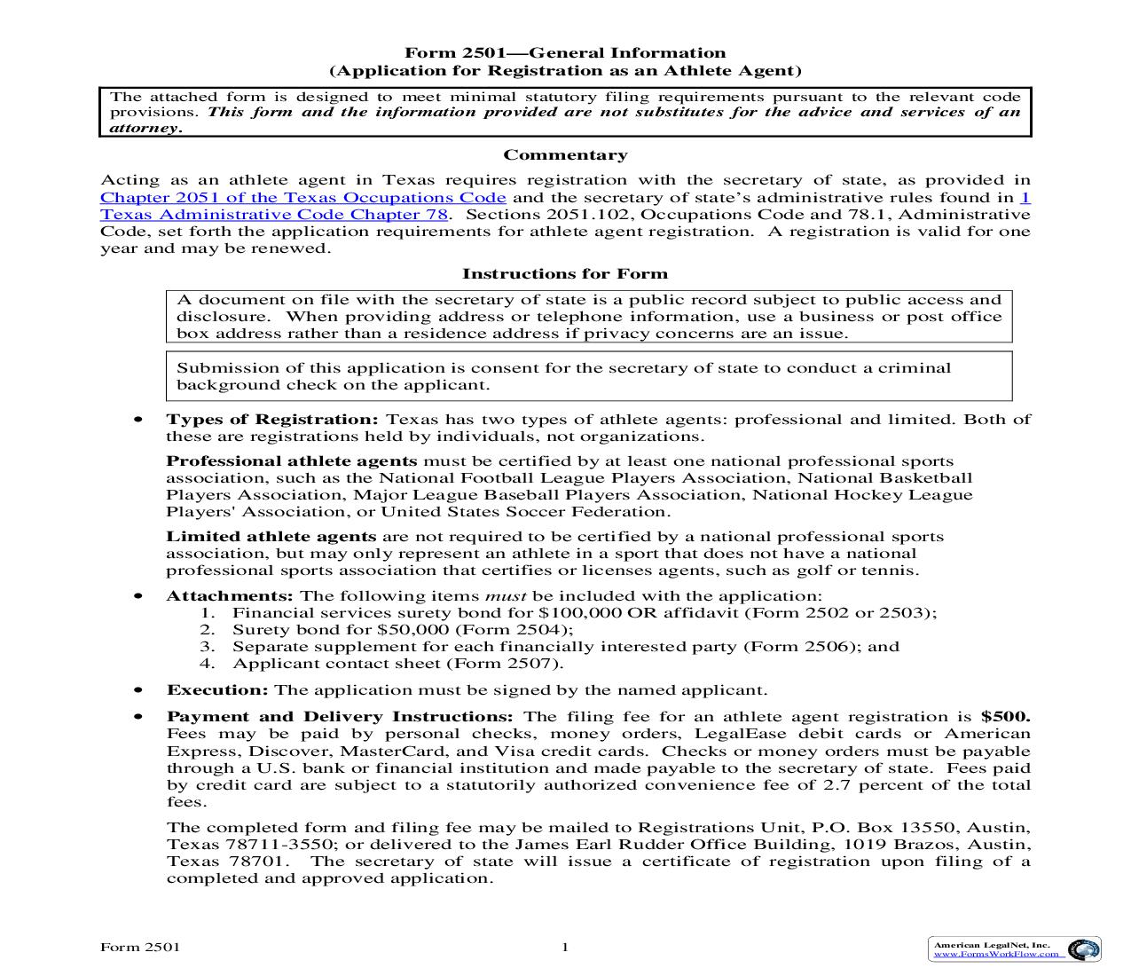 Application For Registration As An Athlete Agent {2501} | Pdf Fpdf Doc Docx | Texas